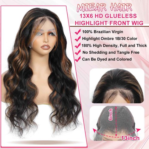 miear Ombre Highlight Lace Front Wigs Human Hair 13x6 Body Wave 1B/30 Lace Front Wig 180% Density HD Transparent Lace Frontal Wigs Human Hair Balayage Wig for Black Women 20 inch