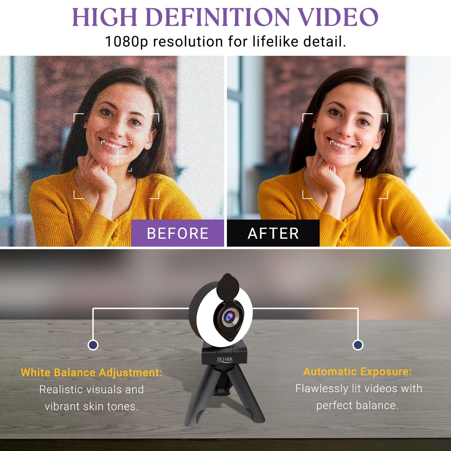 Ziqarr FHD 1080p All-in-One Webcam with Light and with Built-in Noise Reduction Microphone, Privacy Cover, Mini-Tripod and 110° Field of View for Streaming, Conferencing, Meetings and Gaming