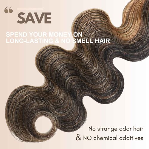 HERMOUS 13A Double Drawn Honey Blonde Highlight FB27 Bundles Body Wave Human Hair, Black With Honey Brown Highlight Human Hair 3 Bundles Unprocessed Remy Hair F1B/27 Ombre Hair Extension 12 14 16 Inch