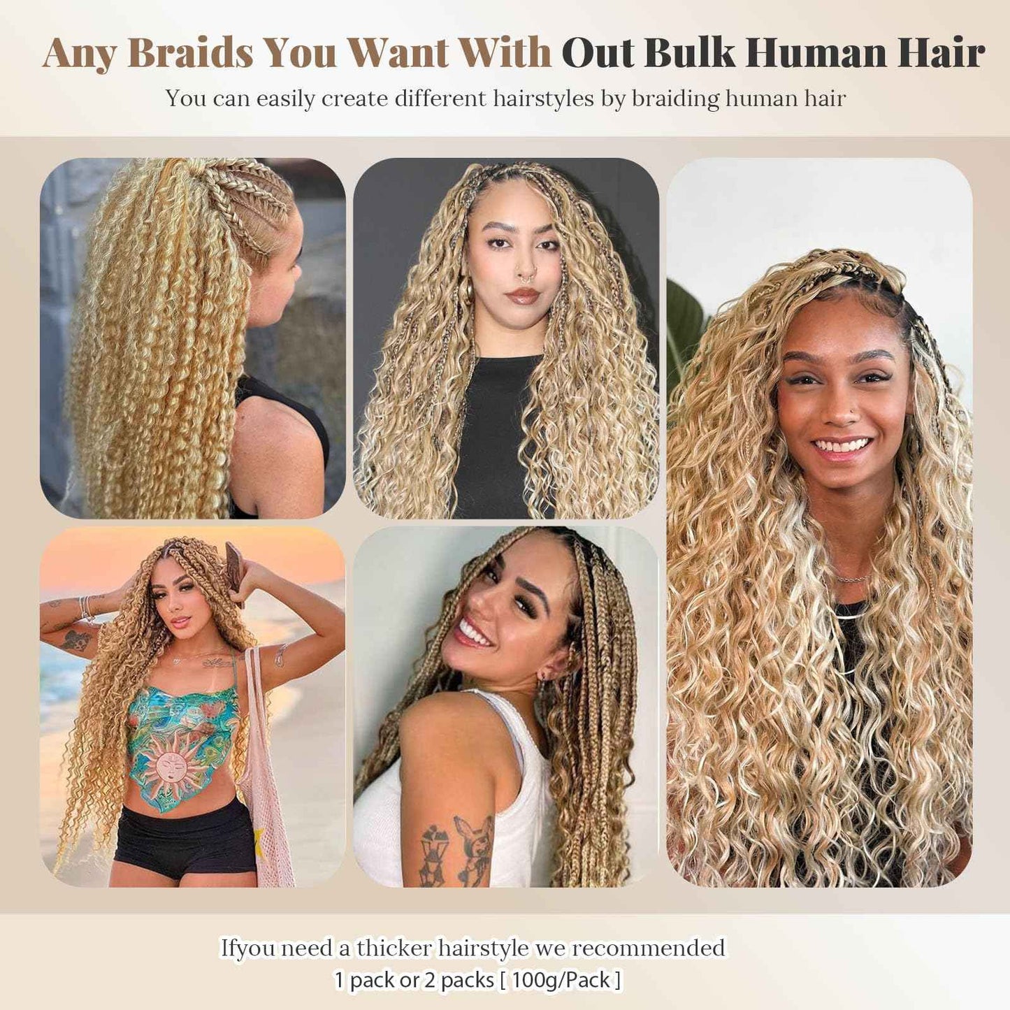 Human Braiding Hair 22 Inch 2 Bundles100g Braiding Hair No Weft Water Wave Bulk Human Hair for Braiding Honey Blonde to Bleached Blonde Highlight Hair Extensions for Boho Braids Wet and Wavy