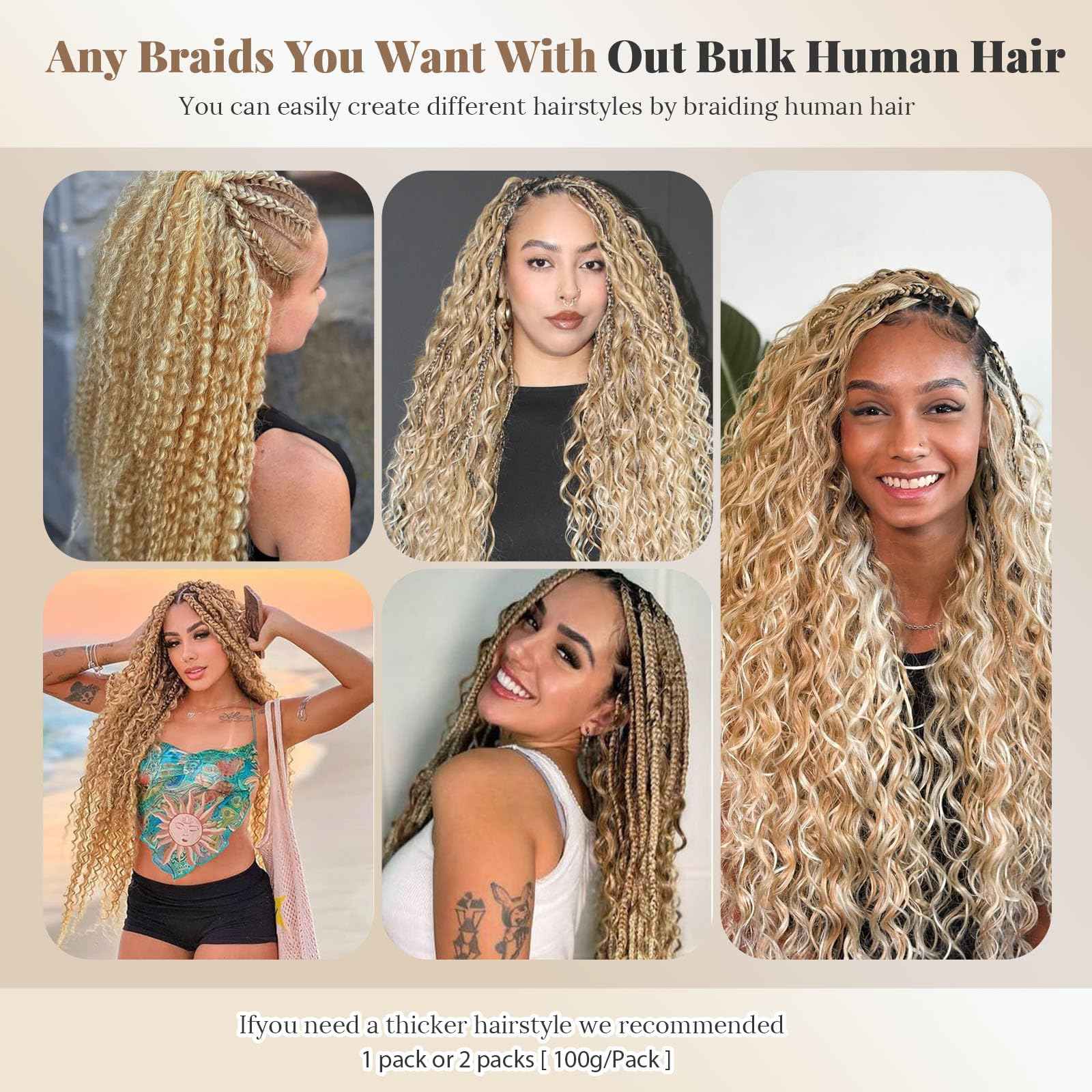 Human Braiding Hair 22 Inch 2 Bundles100g Braiding Hair No Weft Water Wave Bulk Human Hair for Braiding Honey Blonde to Bleached Blonde Highlight Hair Extensions for Boho Braids Wet and Wavy