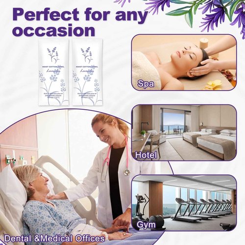 Moist Cotton Towel Bulk Moist Towelettes Individually Wrapped,White Towel Services,Refreshment Pre Moistened Towels for Dentist Travel Sport Party Hotel 200,Lavender