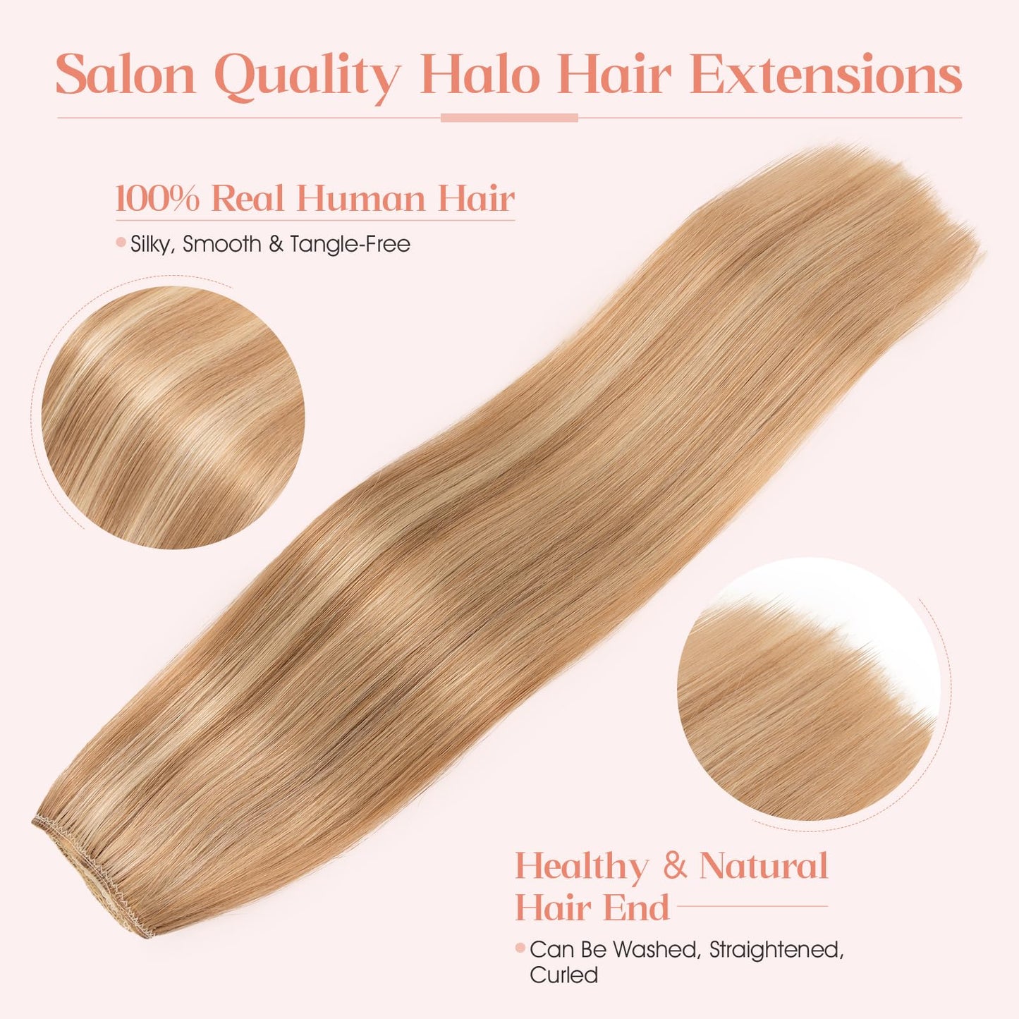 Hairro Wire Hair Extensions Human Hair, Fish Line Invisible Adjustable & Clips in Extensions Straight, 100% Real Hairpieces Seamless Blending for Women, 16 Inch 80g Golden Brown Mix Bleach Blonde