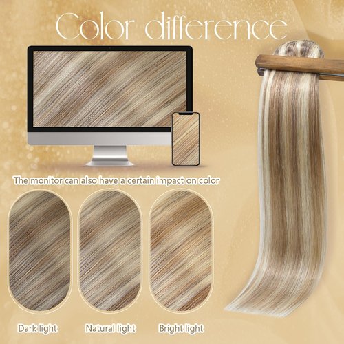 Blonde Highlights Human Hair Extensions Clip Ins 18 Inches Light Brown Mixed Bleach Blonde Straight Human Hair Clip in Extensions for Women 85g #8/22/8 7pcs