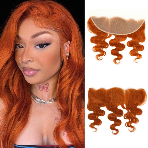 ALHER #350 Ginger Orange Body Wave 13x4 Lace Frontal Human Hair 18 Inch, Copper Orange Colored HD Transparent Lace Frontal Closure Ear to Ear 100% Virgin Remy Human Hair 150% Density