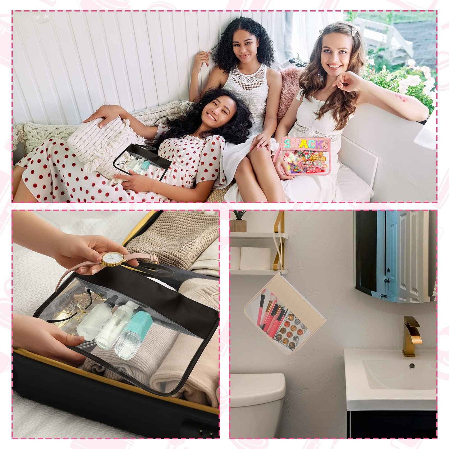 Irenare 16 Pcs Clear Makeup Bag Toiletry Flat Zipper Pouch Preppy Waterproof Clear Cosmetic PVC Pouch with Wristlet Toiletry DIY Chenille Letter Snack Bag for Women(Multi Colors)