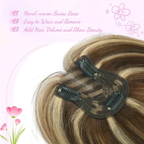 YAMI Hair Toppers for Women Fluffy Human Hair Topper 10inch Handmade Swiss Base Hairpieces 360° Cover Hairloss (Medium Brown with Highlight)