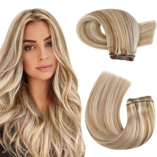 Moresoo Sew in Hair Extensions Real Human Hair Remy Straight Weft Hair Extensions Human Hair Medium Brown Highlighted with Blonde 100G 22Inch