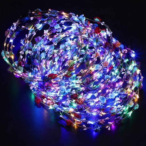Janinka 70 Pcs LED Flower Crown Light Up Wreath Headband Hair Accessories Crown Luminous Head Band Tiara Glow Floral Headpiece Flower Headdress for Women Wedding Party