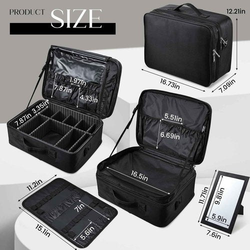 Adazzo Large Makeup Bag, 3 Layers 17” Makeup Case Organizer with Mirror Professional Cosmetic Storage Backpack Box Travel Artist Carrying Vanity Bags with Brush Slot/Shoulder Strap/Attach to Suitcase