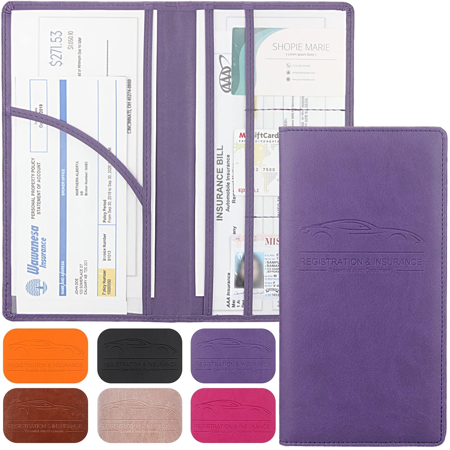 LumiMokki Premium Car Registration & Insurance Card Holder with Magnetic Shut, Vehicle Glove Box Car Organizer - For Documents, Cards, License (Purple)