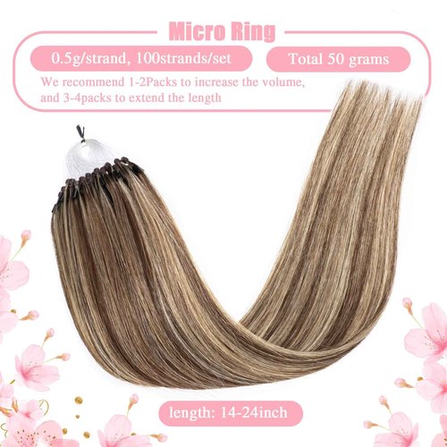 Senmy Micro Link Hair Extensions Human Hair Brown with Blonde Highlight 18inch Micro Beads Human Hair Extensions 0.5g/strand 50g/pack Micro Loop Extensions Human Hair Invisible Beaded Hair Extensions
