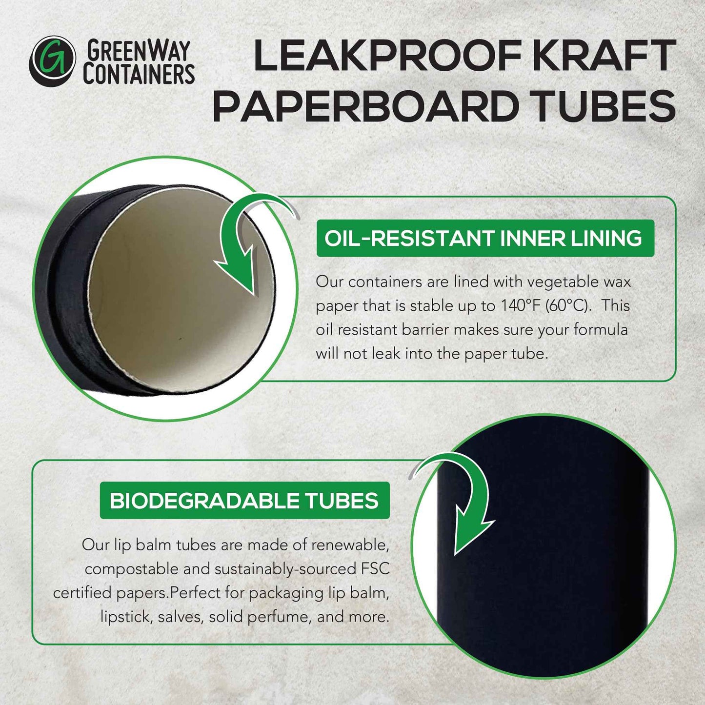 GreenWay 0.15oz / 4.25g Kraft Paperboard Lip Balm Tubes with Lids - 50 Pack Lip Gloss Tubes Refillable DIY Cosmetic Containers – Extra Thick Push-Up Bottom Lip Balm Containers - White