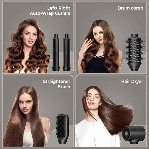 Yeshuai Hair Dryer Brush 5 in 1 Autowrap Hot Air Hair Styler with High-Speed Aluminum Alloy Blow Dryer Brush Volumizing, Straightening & Fast Drying with Negative Ion, No Heat Damage, Black
