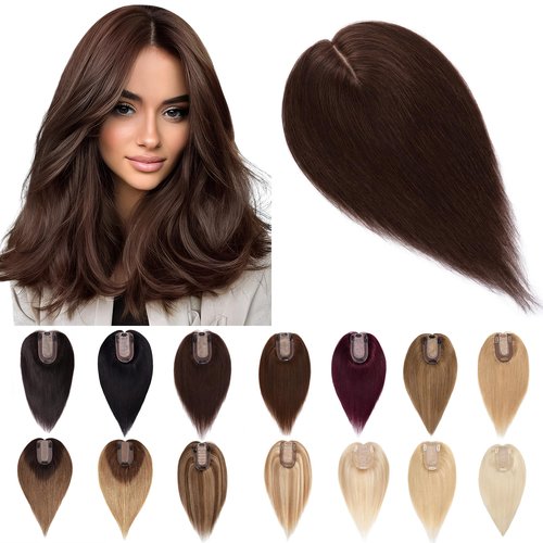 SEGO Hair Toppers for Women Human Hair With Thinning Hair, 7 * 13CM Silk Base 100% Real Human Hair Clip in Top Wiglet Hairpieces -10 Inch No Bangs Dark Brown