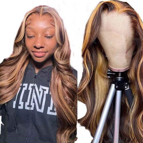 Manorshen Body Wave Ombre Highlight Transparent Lace Frontal Wigs Brazilian Virgin 13x4 Lace Front Glueless Brazilian Human Hair for Women With Baby Hair (Highlight 4/27, 30 Inch)