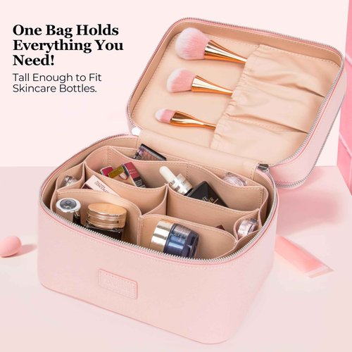 ZEVGANI Vanity Case Leather Makeup Bag with Mirror, Large Travel Toiletry Bag Make up Cosmetic Organizer Dual Compartments Brush Storage & Removable Divider for Full-Size Toiletries Skincare, Pink