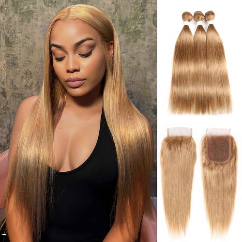 ijoy Honey Blonde 3 Human Hair Bundles with Lace Closure 4x4 Free Part 10 12 14+C10 Inch Human Hair Long Straight Bundle 10A Brazilian Virgin Hair Extension
