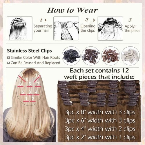 Clip In Hair Extensions Real Human Hair, Remy Human Hair Extensions 12PCS Long Soft Natural Hair piece 14-28 Inch Straight Hair Extension for Women(180g-250g 4# Medium Brown)