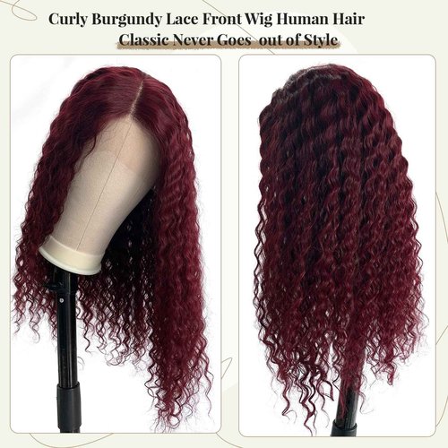 Licoville 99J Burgundy Lace Front Wigs Human Hair Middle Part Deep Wave HD Lace Frontal Wigs for Black Women Pre Plucked Dark Red Short Curly Human Hair Wig 12 Inch 180% Density