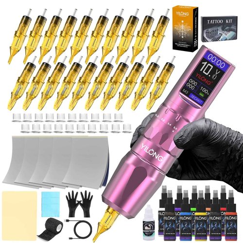 Wireless Tattoo Pen Machine Kit - Adjustable 6-Stroke Tattoo Machine with 1200mAh Power Supply and Digital LCD Display Rotary Tattoo Machine/Tattoo Starter Kit for Beginners (Pink)