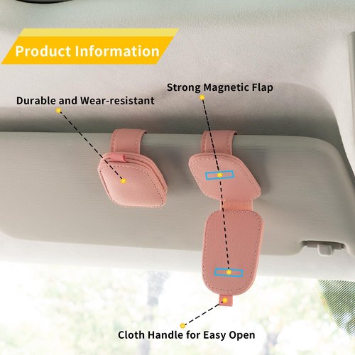 Yuoyar Sunglass Holder for Car, Magnetic Leather Sunglasses Holder and Ticket Card Clip, Car Visor Accessories, 2 Packs (Pink)