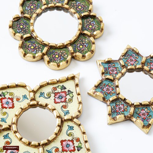 DECORCONTRERAS Handmade Peruvian Mirror Set – Reverse Painted Glass – Small Decorative Mirrors for Wall – Artisan Star & Diamond Designs – Unique Wall Decor Gift