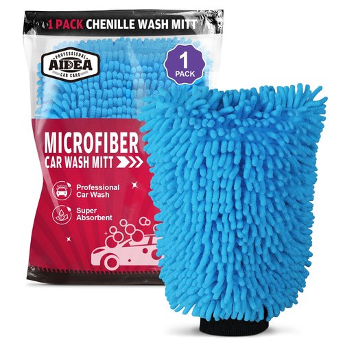 AIDEA Car Wash Mitt Microfiber, 1PK Scratch Free Lint-Free, Premium Chenille Microfiber Sponge Mitt Car Wash Brush, Blue, Regular Size 7.12''X10.14''