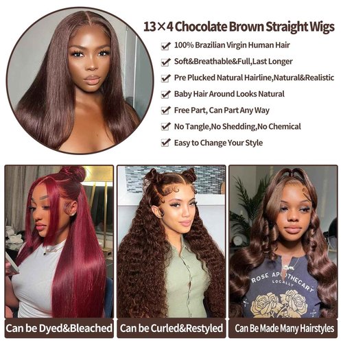 Brown Straight Lace Front Wigs Human Hair 200 Density Chocolate Brown Lace Front Wig Straight 12A 13x4 HD Transparent Full Lace Frontal Wigs Pre Plucked Brown Human Hair Wig 24 Inch
