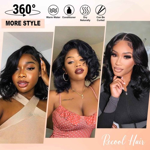 RECOOL Short Bob Wig Human Hair Glueless Short Body Wave Human Hair Wig For Black Women 5x6 HD Glueless Lace Front Wigs Pre Plucked with Baby Hair Bleached Knots Natural Black Wigs 12inch