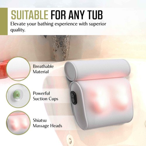 MONET Massaging Bath Pillow - IPX8 Waterproof Bath Pillow for Tub - Soft 4d Mesh Back, Neck and Shoulder Massager - Deep Tissue Relief and Relaxation - Non-Slip 6 Suction Cup - Fits All Tubs