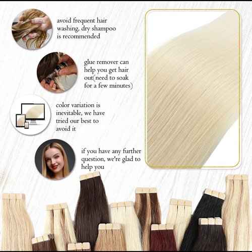 Benehair Tape-in Hair Extensions - Human Hair, Platinum Blonde, 18 Inch, 20pcs, 50g/pack, Straight, Seamless, Natural, Women's 18" #60