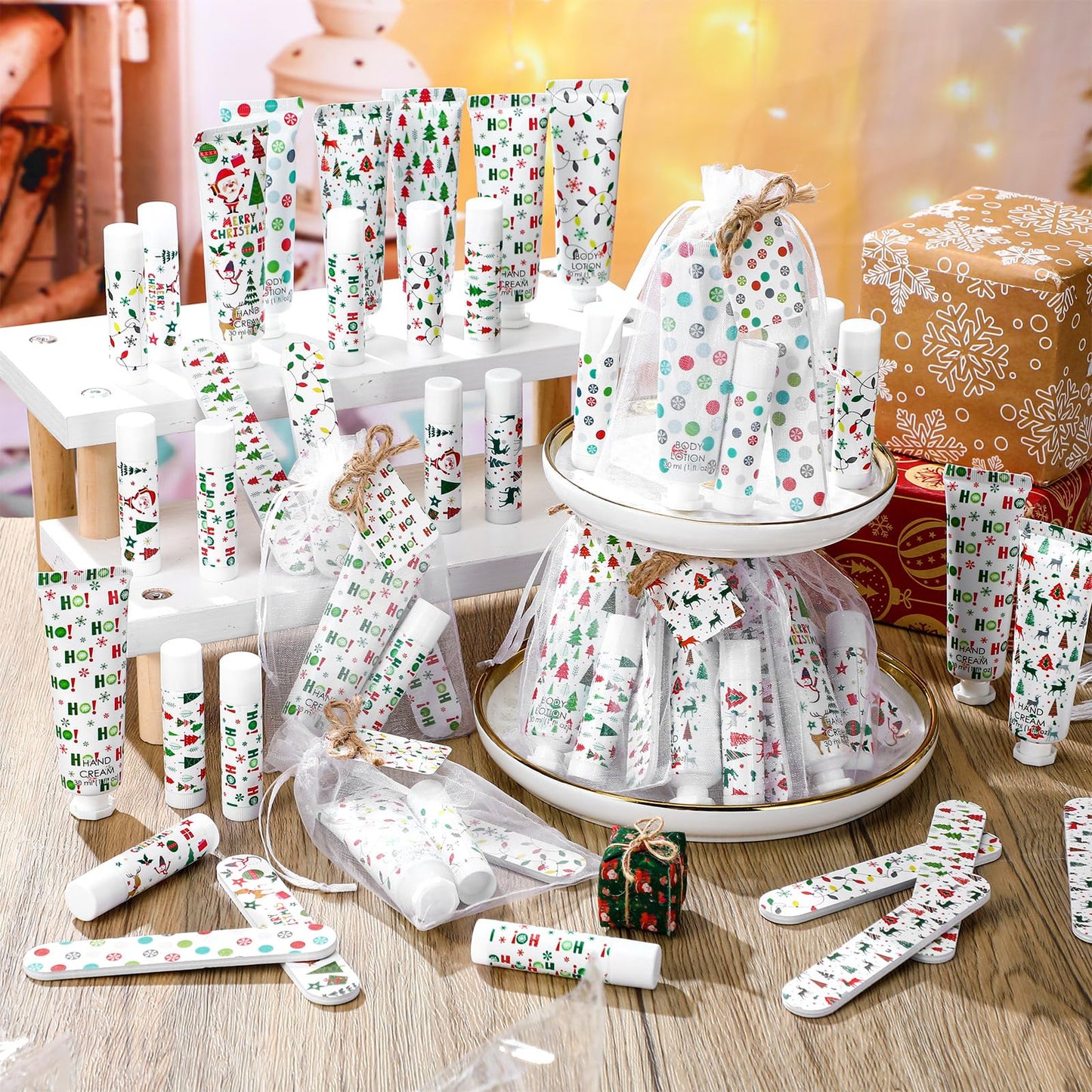 48 Sets/288 Pcs Christmas Party Favors Christmas Hand Cream Body Lotion Lip Balm Nail File Gifts Set Xmas Stocking Stuffers Travel Size Lotion Bulk Holiday Party Supplies for Coworkers Women Adults