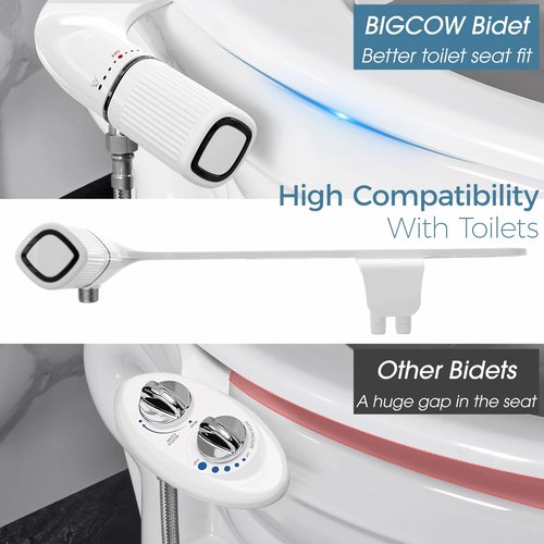 BIGCOW Ultra-Slim Bidet Attachment for Toilet - Dual Nozzle (Frontal & Rear Wash) with Adjustable Cold Water Pressure and Stainless Steel Inlet - Hygienic Solution for Fresh Cleanliness