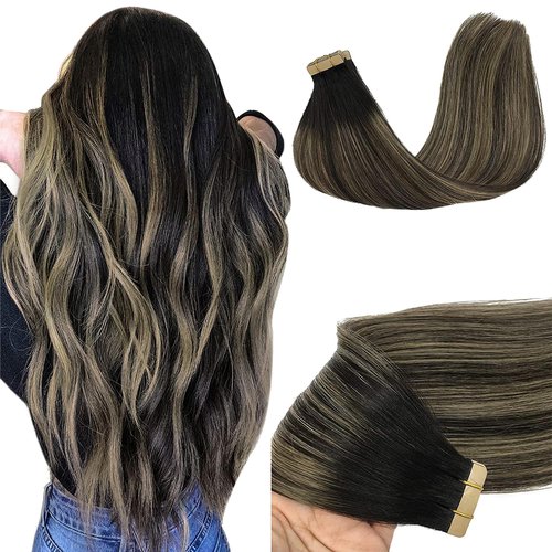 GOO GOO Tape in Hair Extensions Human Hair, 1B/19/1B Natural Black to Light Blonde, 22inch 50g 20pcs, Skin Weft Seamless Invisible, Silky Straight with Thick Ends, Remy Human Hair