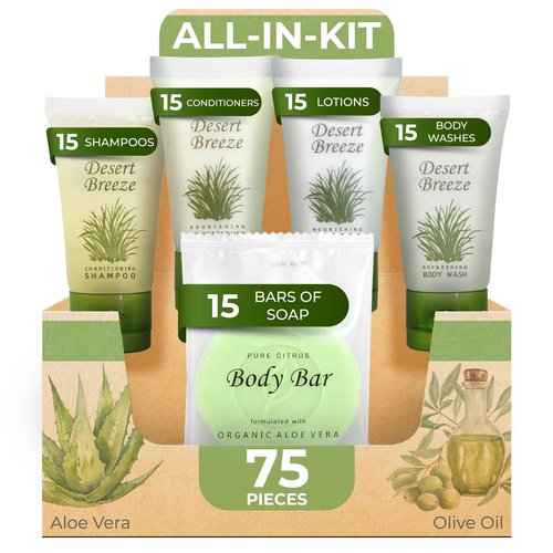 Desert Breeze Hotel Soaps & Toiletries Bulk Set | 1-Shoppe Amenities Kit | 1oz Shampoo & Conditioner, Body Wash, Lotion, Bar Soap | Travel Size | 75 Pieces