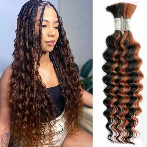 28 Inch Human Braiding Hair For Boho Braids 100g Deep Wave Bulk Human Hair For Braiding Color 1B/30 Natural Black And Brown