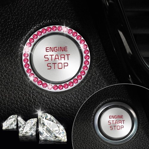 LivTee 2 PCS Crystal Rhinestone Car Engine Start Stop Decoration Ring, Bling Car Interior Accessories for Women, Push to Start Button Cover Sticker, Automotive Decals, Red