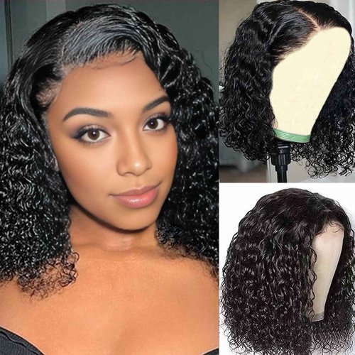 JCL Glueless Wigs Human Hair Pre Plucked Pre Cut 10 Inch Curly Human Hair Wig 4x4 HD Lace Closure Wigs Glueless Wear and Go Bob Wig Human Hair for Black Women Deep Wave Lace Front Wigs