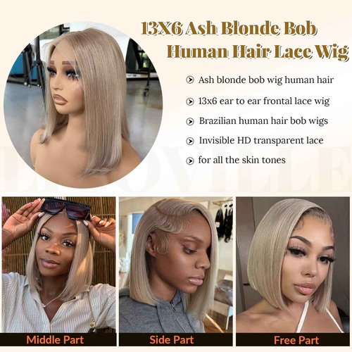 Licoville 13x6 Ash Blonde Bob Wig Human Hair 12 Inch Deep Part Ash Blonde HD Lace Front Wig Human Hair Short Bob Wigs for Black Women 180% Density Silky Straight Blond Wig