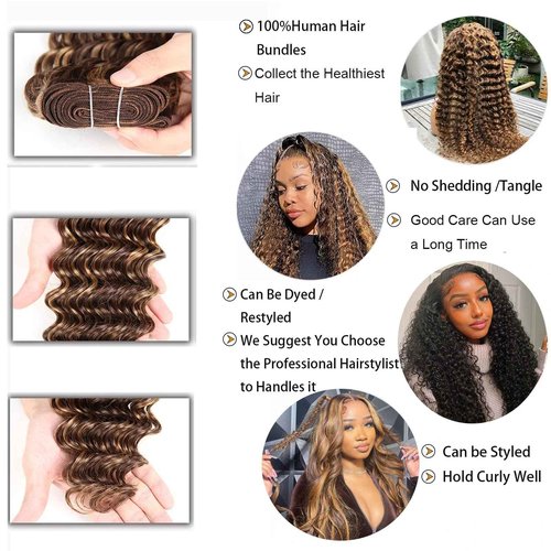 Highlight Bundles Human Hair with Closure 4/27 Ombre Brown 10a Deep Wave 12 Inch 4x4 Lace Closure with 4Bundles 12" 14" 16" 18"