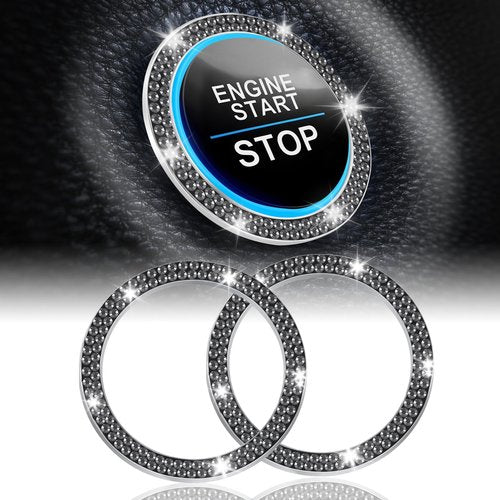 LivTee 2 PCS Crystal Double Rhinestone Car Engine Start Stop Decoration Ring, Bling Car Interior Accessories for Women, Push to Start Button Cover Sticker, Automotive Decals, Glossy Black