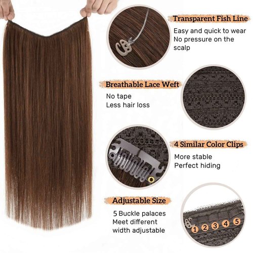 Remy Human Hair Extensions Wire Hair Hairpiece Straight Wire Hair Extensions for Women 16 Inch #4 Transparent Fish Line Hair Extension 80g