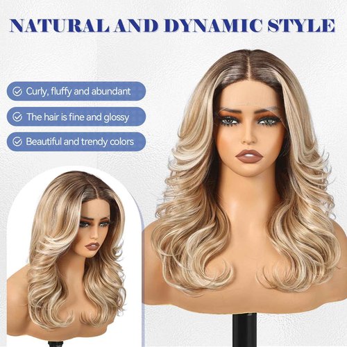 HAIRCUBE Glueless Synthetic Lace Front Wig, 18 Inch Ombre Brown Hightlight Curly Wigs, Put on Go Layered Wigs for Women Daily Use