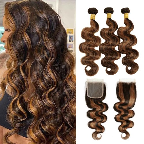 MOMOSHERO Brown Highlight 3 Bundles with 4x4 Closure Human Hair Body Wave HD Lace Free Part, Fb30 Soft and Glossy 12A Balayage #1b/30 Black and Brown Bundles and Closure 100% Remy Hair 10 12 14+10 In