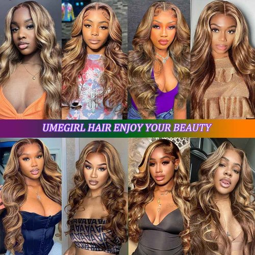 UMEGIRL 26 Inch 5x5 HD Lace Closure Wigs Human Hair Body Wave Wear and Go Glueless Wigs Pre Plucked Pre Cut P4/27 Honey Blonde Highlight Ombre Lace Front Wig Human Hair Wig 180% Density