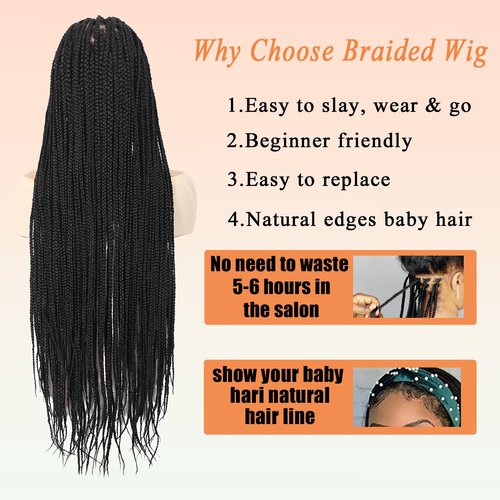 ROSEBONY 36 Inch HD Full Lace Knotless Braided Wigs, Natural Black Box Braids with Baby Hair, Long Lace Front Wigs for Black Women