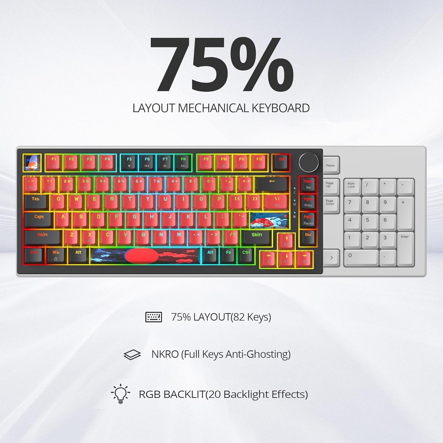 75% TKL Wired Mechanical Keyboard,RGB Backlit Gasket Mount 82 Key Hot Swappable Custom Linear Red Switch Gaming Keyboard with Volume Knob & PBT Keycaps (82 Shoko)