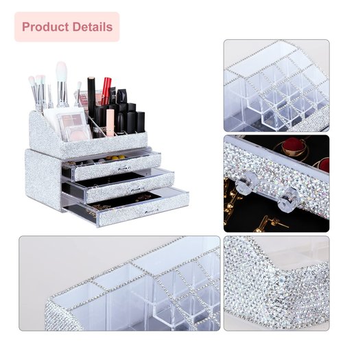 KEYPOWER Makeup Organizers Drawer Bling Diamond,Fashion Countertop Jewelry Cosmetic Storage Display Boxes,Makeup Brush Holder, Cosmetic Holder,2 Pieces Set(Purely Handmade)(White)