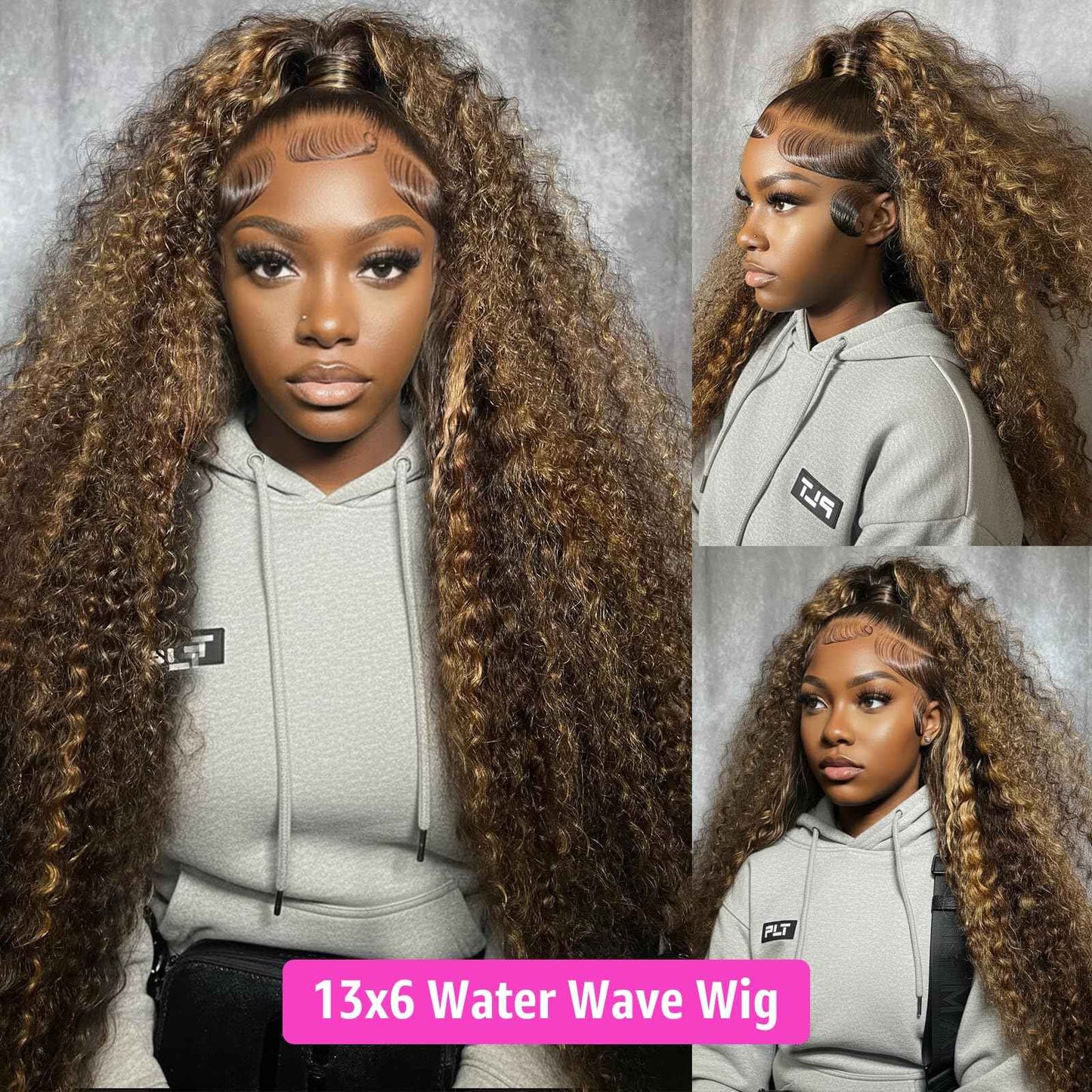 Jilho Water Wave Lace Front Wigs Human Hair 13x6 Ombre Honey Blonde Frontal Wig 200 Density P4/27 Highlight Colored Curly Wet and Wavy Lace Front Wigs Glueless Pre Plucked with Baby Hair (22 Inch)
